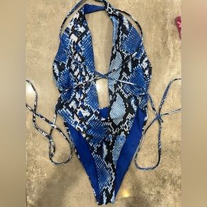 Snakeskin plunging one piece swimsuit